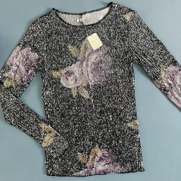 NWT Free People Intimately Gold Rush Black Combo Printed Sequin Long Sleeve - Picture 3 of 6